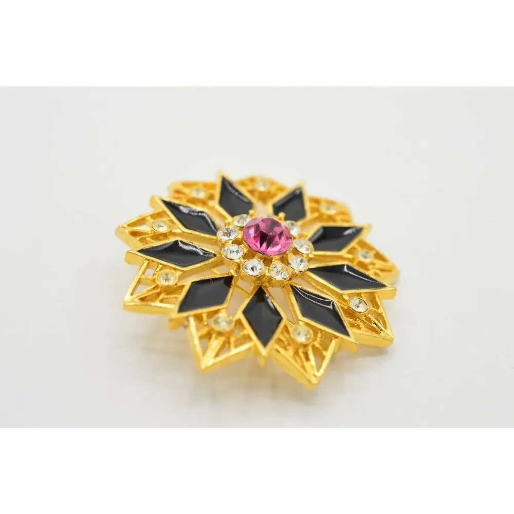 Vintage Crystal Flower Pin Brooch Gold Black Enamel Pink Rhinestone 1980s BinJ